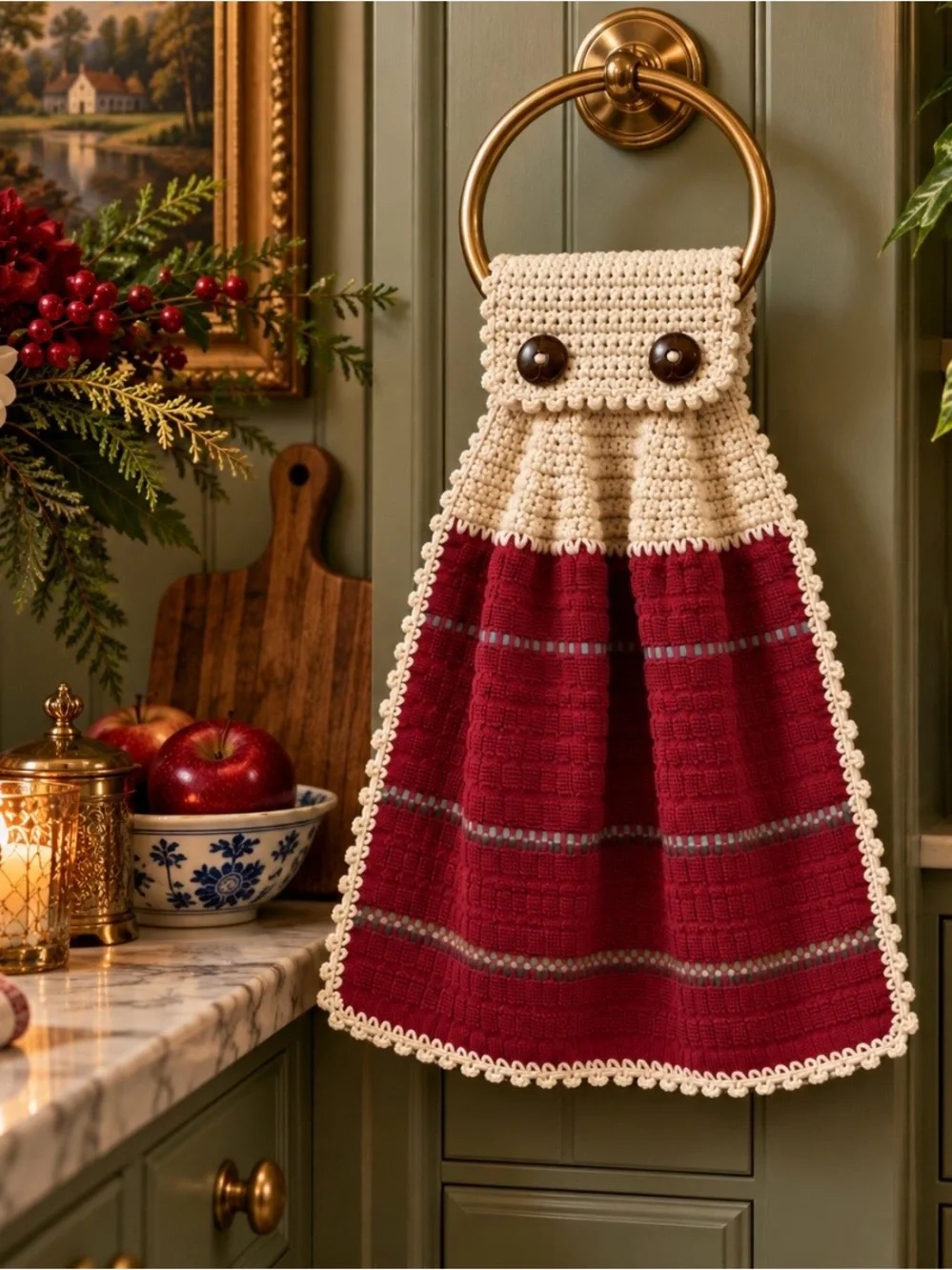 Mainstays Cranberry Crochet Hanging Kitchen Towel Handmade